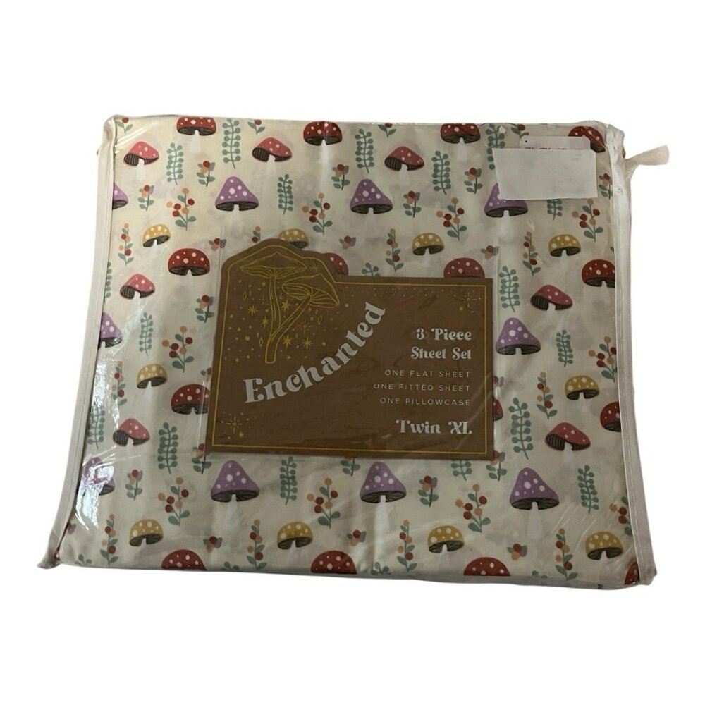 Enchanted Sheet Set Twin XL All Over Colorful Mushroom Print Retro 70s Whimsy‎